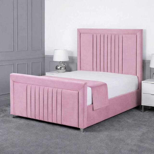 Living Comfort Bedz Celeste Plush Velvet Upholstered Bed Slatted Base - 48Inch Headboard in Pink - Size: Super King - image 1
