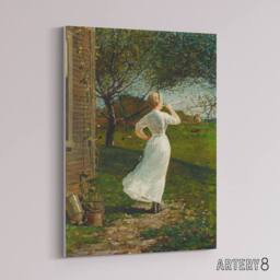 "Artery8 Blowing the Dinner Horn Winslow Homer Canvas Wall Art Print in Orange - Size: W12"" x H16""" - thumbnail 2