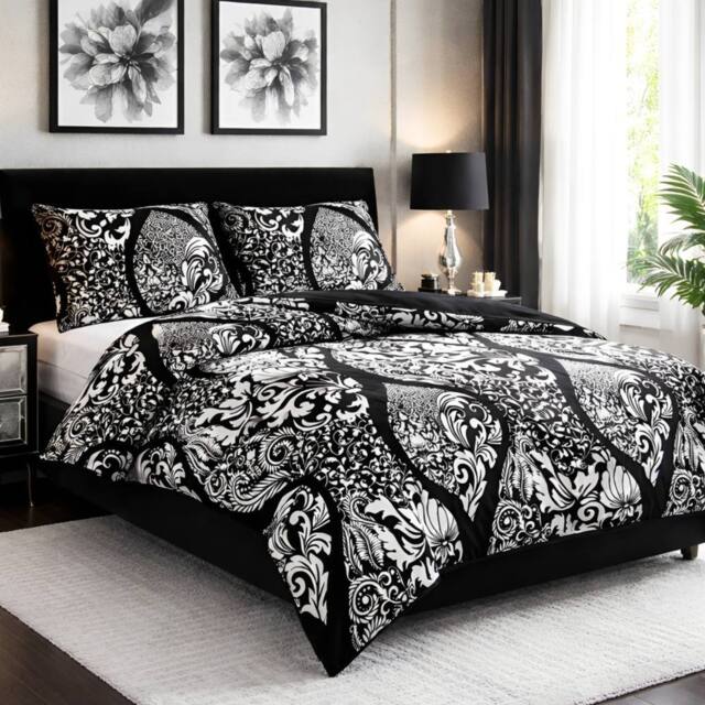 Pamposh Duvet Cover Set Reversible Quilt Covers Luxury Bedding Sets in Black - Size: Single - image 1