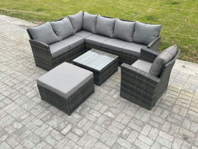 Fimous 8 Seater Outdoor Garden Furniture Set Wicker PE Rattan Corner Sofa Set with Square Coffee Table Big Footstool Armchair in Dark Grey - image 1