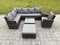 Fimous 8 Seater Outdoor Garden Furniture Set Wicker PE Rattan Corner Sofa Set with Square Coffee Table Big Footstool Armchair in Dark Grey - thumbnail 2