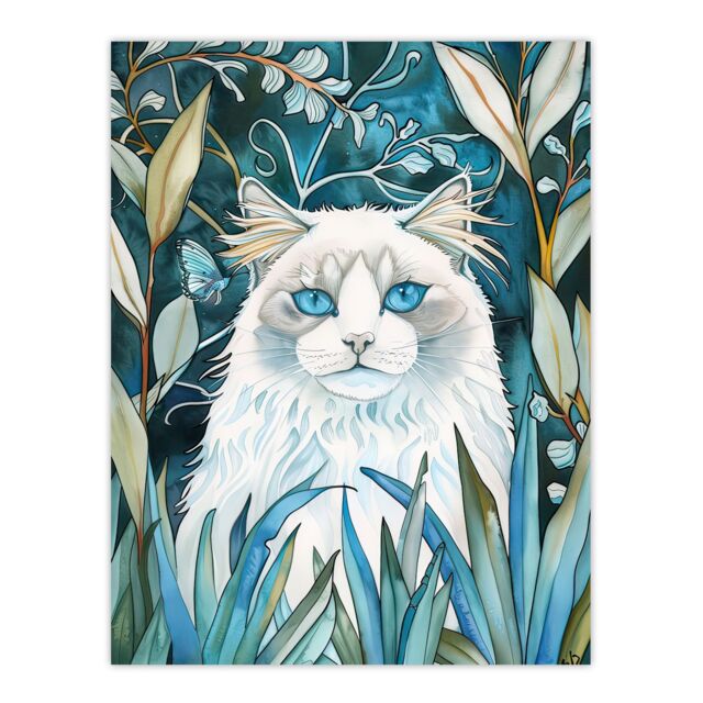"Artery8 White Ragdoll Cat Lover Pet in Garden at Night Wall Art Print in Blue - Size: W18"" x H24""" - image 1