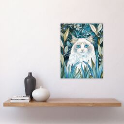 "Artery8 White Ragdoll Cat Lover Pet in Garden at Night Wall Art Print in Blue - Size: W18"" x H24""" - thumbnail 4