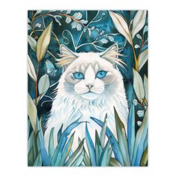 "Artery8 White Ragdoll Cat Lover Pet in Garden at Night Wall Art Print in Blue - Size: W18"" x H24""" - thumbnail 1