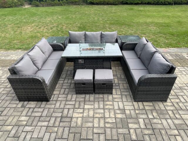 Fimous Outdoor Rattan Furniture Garden Dining Set Gas Fire Pit Table With 2 Side Tables Lounge Sofa 2 Small Footstool in Dark Grey - image 1