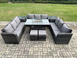 Fimous Outdoor Rattan Furniture Garden Dining Set Gas Fire Pit Table With 2 Side Tables Lounge Sofa 2 Small Footstool in Dark Grey - thumbnail 3