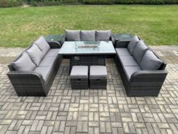 Fimous Outdoor Rattan Furniture Garden Dining Set Gas Fire Pit Table With 2 Side Tables Lounge Sofa 2 Small Footstool in Dark Grey - thumbnail 1