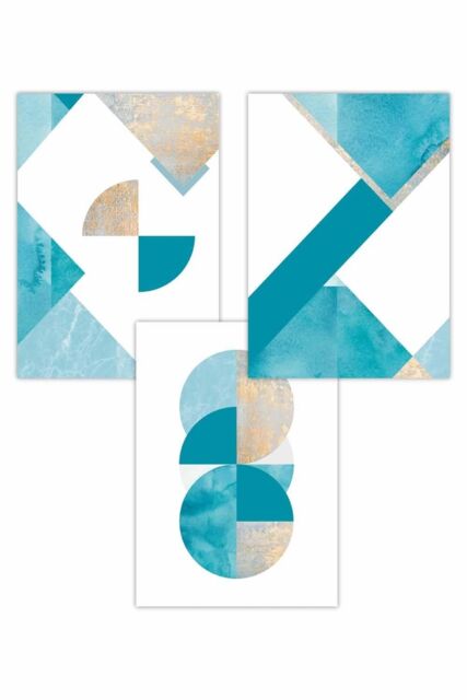 ARTZE Set of 3 Abstract Aqua Blue Mid Century Geometric Art Posters - Size: W50 cm x H70 cm - image 1