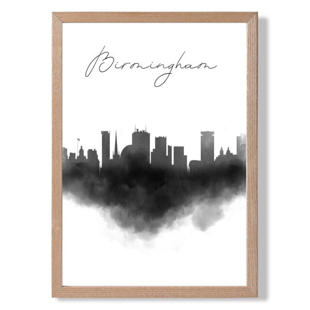 ARTZE Birmingham Watercolour Skyline City Framed Print SIZE: A4 with Oak Frame in Black - image 1