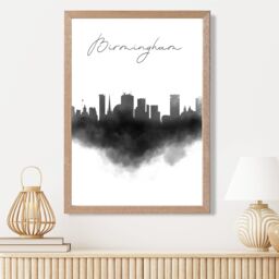 ARTZE Birmingham Watercolour Skyline City Framed Print SIZE: A4 with Oak Frame in Black - thumbnail 2
