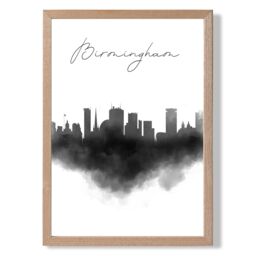 ARTZE Birmingham Watercolour Skyline City Framed Print SIZE: A4 with Oak Frame in Black - thumbnail 1