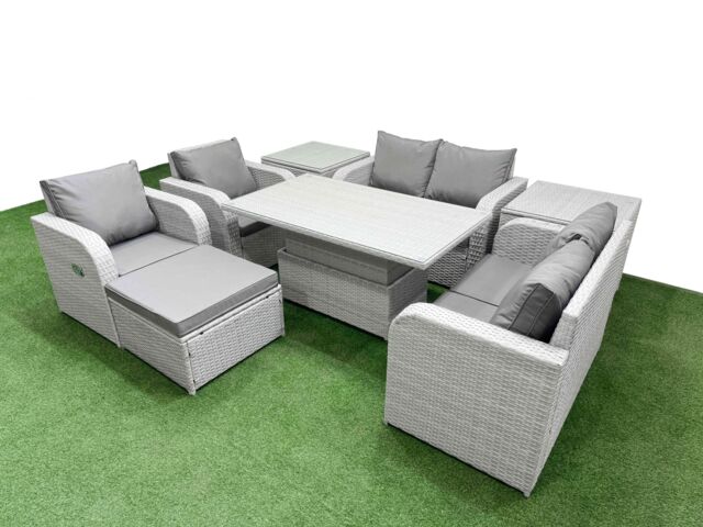 Fimous 7 Seater Outdoor Reclining Chair Love Sofa Set Rattan Garden Furniture Set w/ Adjustable Lifting Dining or Coffee Table Footstool 2 Side - image 1
