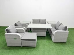 Fimous 7 Seater Outdoor Reclining Chair Love Sofa Set Rattan Garden Furniture Set w/ Adjustable Lifting Dining or Coffee Table Footstool 2 Side - thumbnail 2