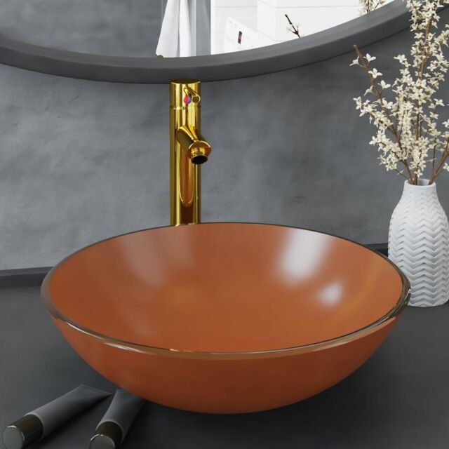 Berkfield Home Bathroom Sink with Tap & Push Drain Brown Tempered Glass - image 1