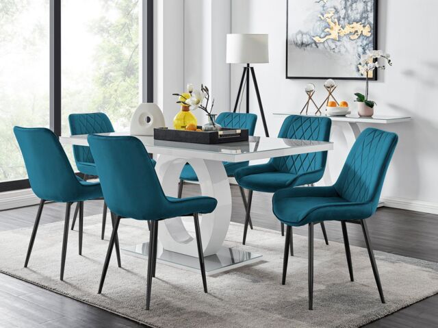 FurnitureboxUK Giovani 6-Seater Grey Glass Dining Table & 6 Pesaro Soft Velvet Dining Chairs in Blue - image 1