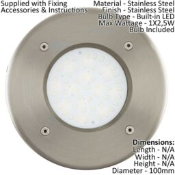 Loops IP67 Outdoor Recessed Ground Light Stainless Steel Round 2.5W Built in LED in Metallics - thumbnail 2