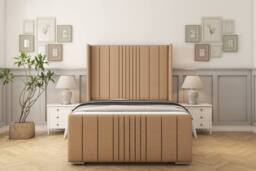 "Sloomy Hargrave Dumfries Bed Frame With 50"" Upholstered Wingback Headboard in Light Brown - Size: Small Single" - thumbnail 1