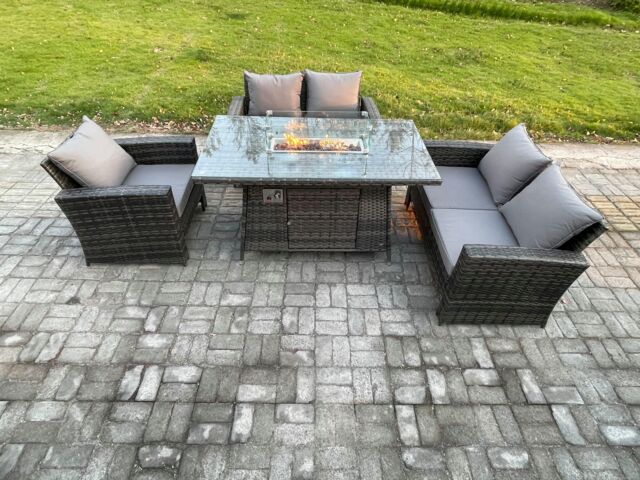 Fimous Rattan Outdoor Garden Furniture Gas Fire Pit Table Sets Gas Heater with Double Seat Sofa Armchair 5 Seater Dark Mixed Grey in Dark Grey
