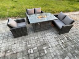 Fimous Rattan Outdoor Garden Furniture Gas Fire Pit Table Sets Gas Heater with Double Seat Sofa Armchair 5 Seater Dark Mixed Grey in Dark Grey - thumbnail 2