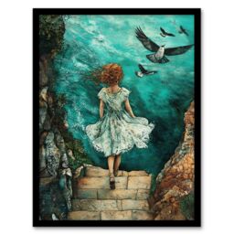 Artery8 Surreal Dream Dive Stone Steps Sea Birds Framed Art Print in Blue - Size: A4 - thumbnail 1