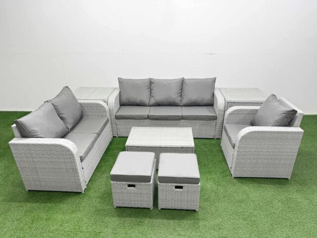 Fimous Patio PE Wicker 8 Seater Outdoor Rattan Furniture Sofa Sets w/ Rectangular Coffee Table Reclining Chair Loveseat Sofa 3 Seater Sofa Stool 2 - image 1