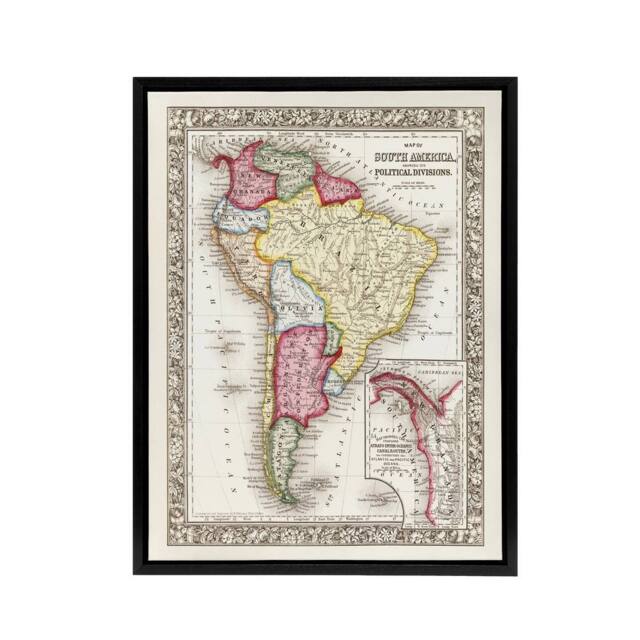 "Artery8 South America Political Divisions Map Mitchell Framed Canvas Wall Art - Size: W12"" x H16""" - image 1