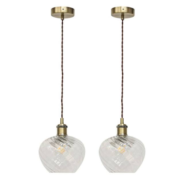 First Choice Lighting Set of 2 Bradson - Clear Swirl Glass Antique Brass Retro Pendants - image 1