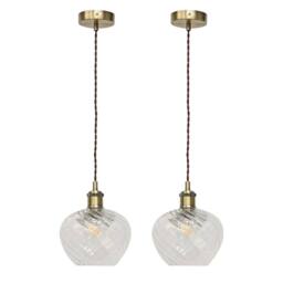 First Choice Lighting Set of 2 Bradson - Clear Swirl Glass Antique Brass Retro Pendants - thumbnail 1