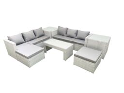Fimous 8 Seater Garden Outdoor Rattan Furniture Set Rattan Garden Sofa Oblong Coffee Table with 2 Big Footstools 2 Side Tables Light Grey Mixed - thumbnail 2