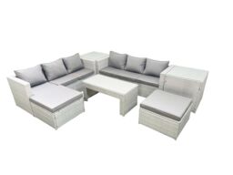 Fimous 8 Seater Garden Outdoor Rattan Furniture Set Rattan Garden Sofa Oblong Coffee Table with 2 Big Footstools 2 Side Tables Light Grey Mixed - thumbnail 1
