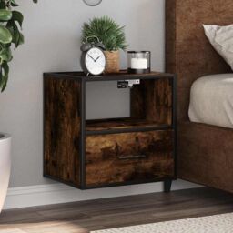 Berkfield Home Wall-mounted Bedside Cabinet Smoked Oak 40x31x39.5 cm in Brown - thumbnail 1