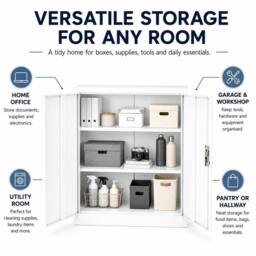 Moderna White Steel Filing Cabinet, 1 Shelf, Lockable 2 Door, 80cm Office Storage - thumbnail 9
