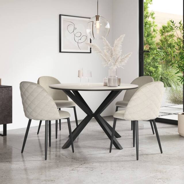 More4Homes Calne White marble Ceramic Round Dining Table & 6 Raye Velvet Chairs in Beige - image 1