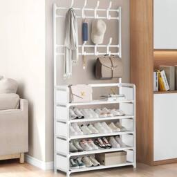 KORVIXA Hallway Coat Rack Shoe Storage 5 Tiers in White - Size: 900mm - thumbnail 4