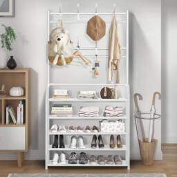KORVIXA Hallway Coat Rack Shoe Storage 5 Tiers in White - Size: 900mm - thumbnail 3