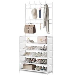 KORVIXA Hallway Coat Rack Shoe Storage 5 Tiers in White - Size: 900mm - thumbnail 1