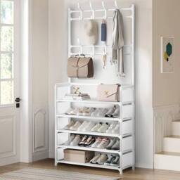 KORVIXA Hallway Coat Rack Shoe Storage 5 Tiers in White - Size: 900mm - thumbnail 5