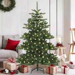 Berkfield Home Artificial Hinged Christmas Tree with 150 LEDs 150 cm PVC in Green - thumbnail 1
