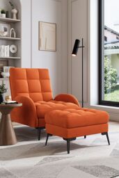 H&O Direct Modern Recliner Lounge Set with Ottoman & Sleek Metal Base in Tangerine
