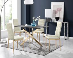 FurnitureboxUK Leonardo Grey Glass Marble Effect Gold Leg Table & 4 Pesaro Gold Leg Chairs in Cream