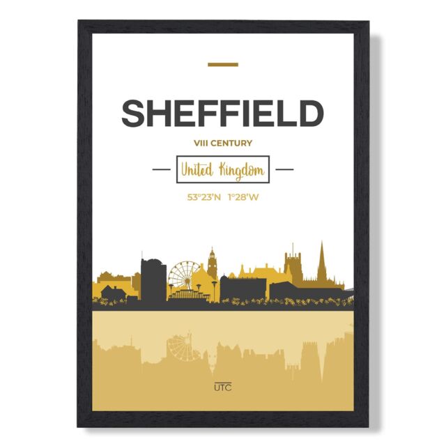 ARTZE Sheffield Yellow & Black City Skyline Framed Print SIZE: A2 with Black Frame - Size: A4 - image 1