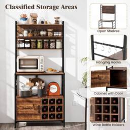 Gymax Bakers Rack Bar Cabinet Microwave Stand With Power Outlet Metal Frame in Brown - thumbnail 2
