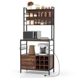 Gymax Bakers Rack Bar Cabinet Microwave Stand With Power Outlet Metal Frame in Brown