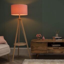 ValueLights Morrigan Natural Wood Tripod Floor Lamp & Fabric Drum Shade & Bulb in Pale Pink