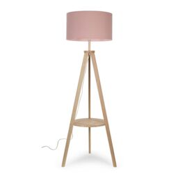 ValueLights Morrigan Natural Wood Tripod Floor Lamp & Fabric Drum Shade & Bulb in Pale Pink - thumbnail 2