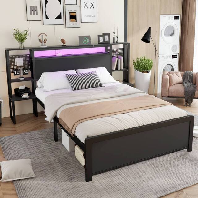 BTM Metal Bed with LED Lights & Charging Ports in Black - Size: Double - image 1