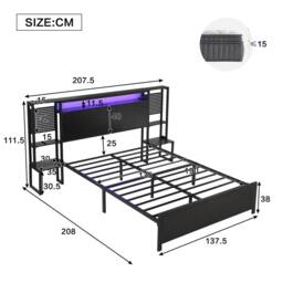 BTM Metal Bed with LED Lights & Charging Ports in Black - Size: Double - thumbnail 4