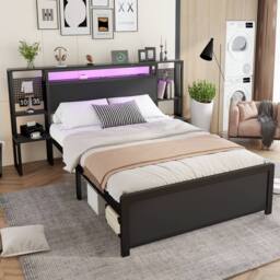 BTM Metal Bed with LED Lights & Charging Ports in Black - Size: Double - thumbnail 1