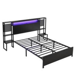 BTM Metal Bed with LED Lights & Charging Ports in Black - Size: Double - thumbnail 7