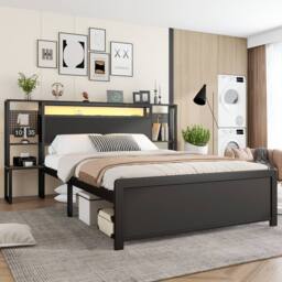 BTM Metal Bed with LED Lights & Charging Ports in Black - Size: Double - thumbnail 3